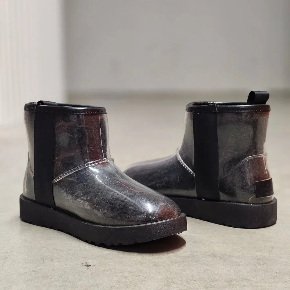 Transparent Waterproof Ankle Boots With Non-Slip Soles Sleek Black Finish Durabl